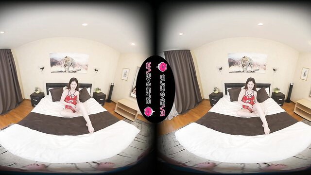 Hot Pearl in red lingerie on bed, VR anal sex thumbnail
