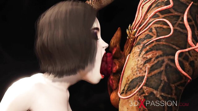 3D anime secretary gives blowjob to tentacle monster futa cock