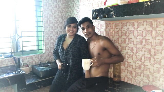 Indian step-sis in open cardigan with topless bro in steamy kitchen tease