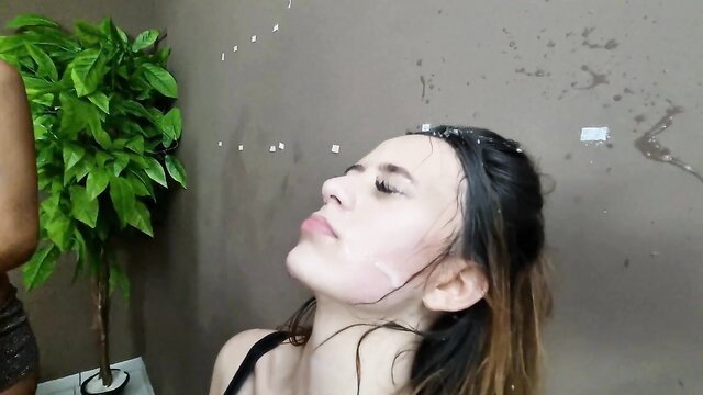 Lesdom 3some spit play on wet Asian girl's face closeup