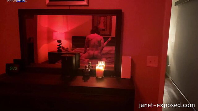 Janet Mason nude in red bedroom mirror selfie, hot MILF ass view
