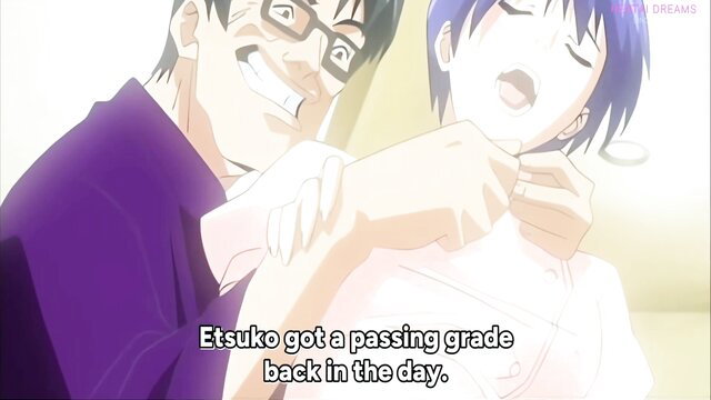 Slutty Nurse anime hentai: glasses teacher grabs blue-haired nurse's tits