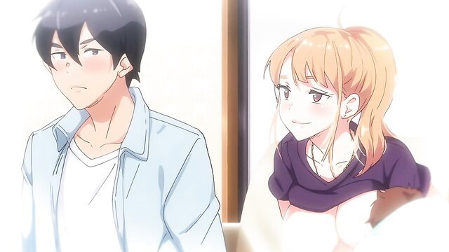 Anime couple - black-haired guy and smiling blonde ponytail girl cuddling