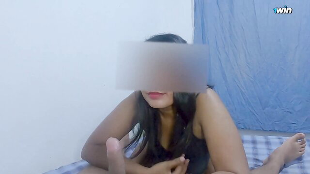 Blurry-faced Asian amateur babe sits legs spread on bed, training pussy lick