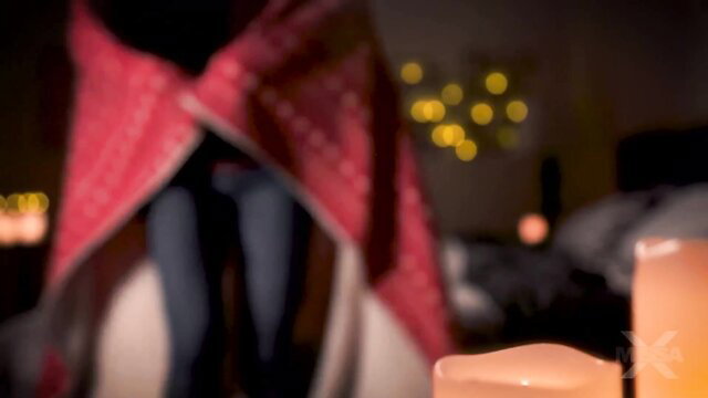 Penny Barber cozy in red blanket on bed, candlelit storm night