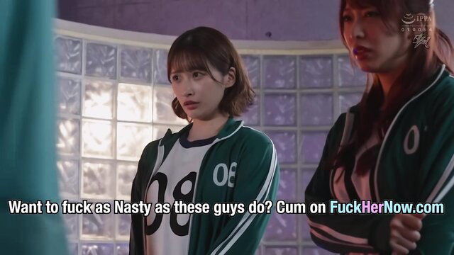 Asian JAV girls in green tracksuits from Squirt Games parody