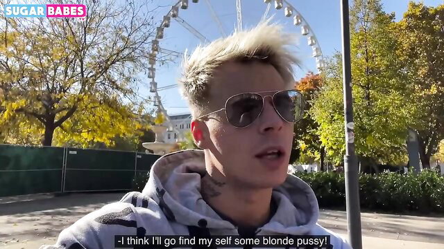 Blonde model Sugar Babe Lila Evance in sunglasses at park Ferris wheel