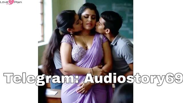 Indian teacher in saree kissed by student & sister in hot threesome