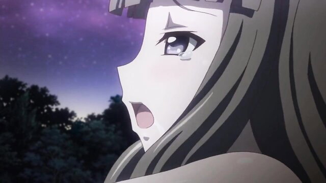 Shocked petite anime schoolgirl with tears in starry night scene