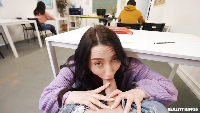 Asian babe in sweater deepthroats cock under desk in hot POV blowjob