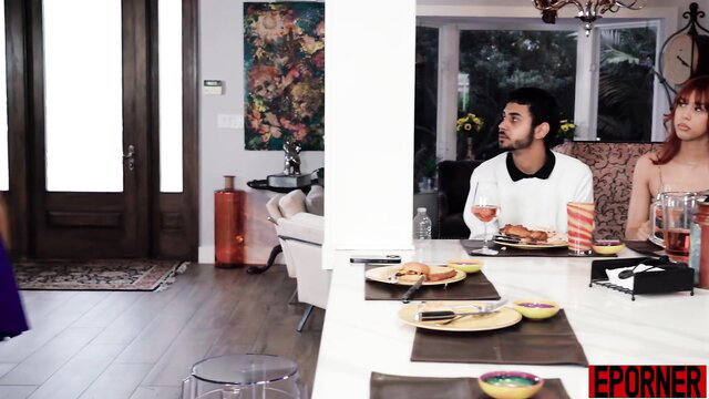 Gem Jewels in tight dress at table with guys, My Daughter's Hot Friend