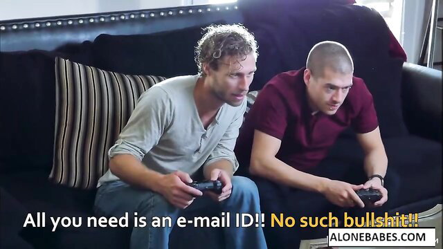 Two hot guys gaming on couch in Ariella Ferrera son best friends porn