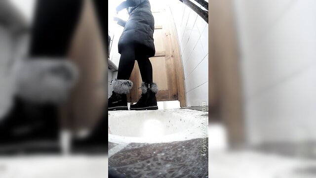 White chick's ass and pussy closeup from behind in toilet voyeur