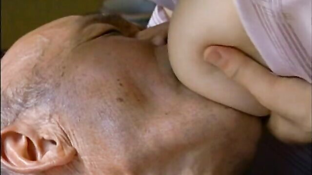 Mature man sucking young woman's huge tits in breastfeeding father-in-law scene