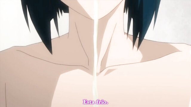 Anime girl with black hair shivering nude, cold hentai scene