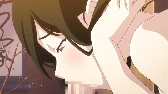 Blushing anime teen futa closeup with green hair at hot springs orgy