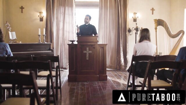 Penelope Kay with priest at church pulpit in Pure Taboo video