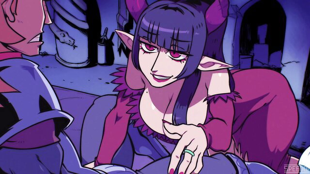 Purple-haired succubus elf with huge tits rides knight cock in hentai