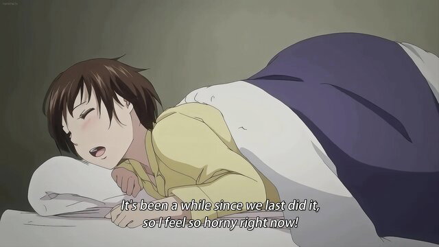 Horny anime wife in yellow shirt on bed, feeling so horny now