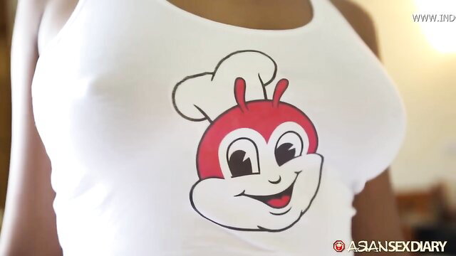 Filipina babe in tight Jollibee crop top showing big tits, Angeles City amateur