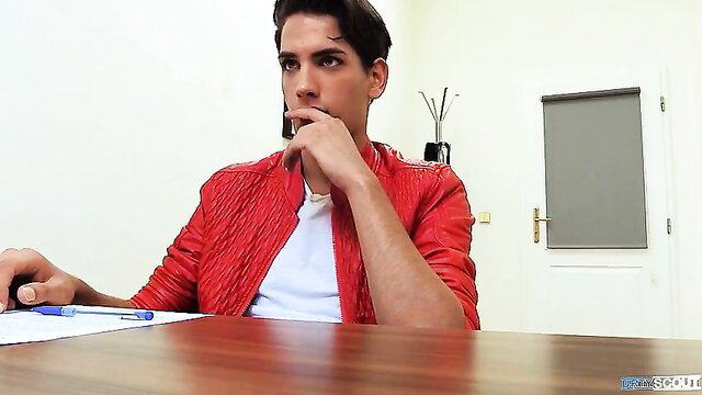 Handsome suited twink ponders before virgin ass pounding interview