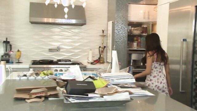 Evelyn Rosa hot mature MILF cougar in floral dress in kitchen