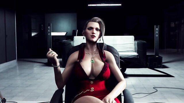 Stunning white model in sexy red dress with deep cleavage, seductive pose