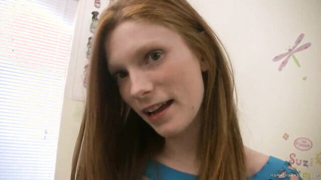 Skinny ginger teen with perky tits teases in blue top