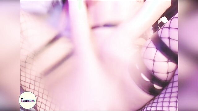 Blurry closeup of woman in fishnet stockings and straps, squirting joy