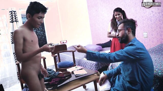 Nude young Indian boy handled by bearded teacher in BDSM school scene