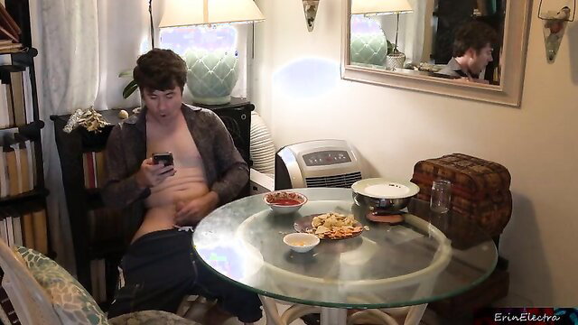 Erin Electra's stepmom seduces topless stepson at table in hot taboo scene