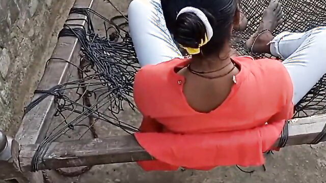 Bima Chauhan Indian amateur babe in red top white pants on hammock