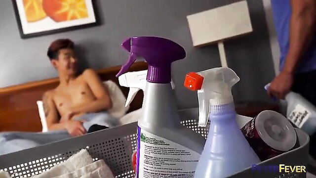 Hot Asian guy naked on bed in rough room service porn thumbnail