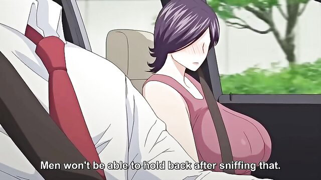 Busty JAV woman in car with huge tits, sweaty cleavage tease