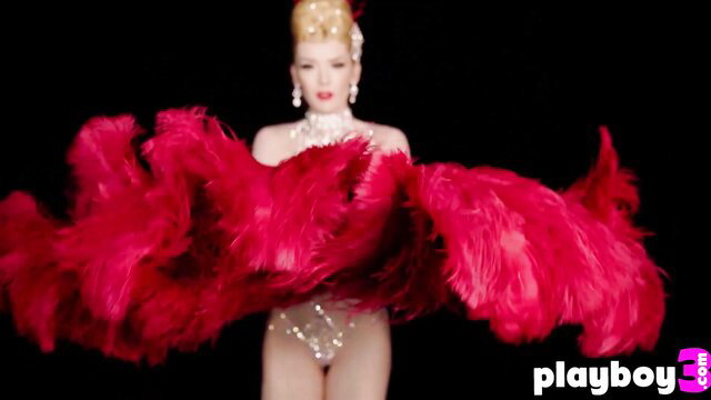 Calypso Muse Playboy pose in red feather boa, perfect big tits