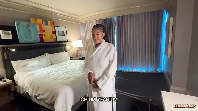 Hot black babe in white robe in luxury hotel room, teasing naked hookup