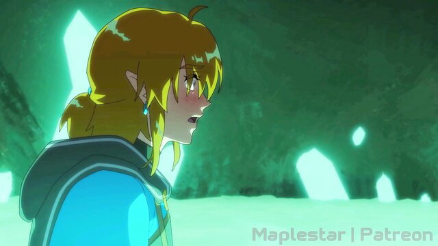 Blonde elf girl Link in blue tunic stares surprised in dark cave