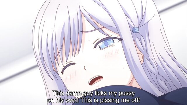 Blushing silver-haired hentai teen with open mouth in ecstasy