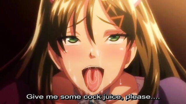 Busty anime schoolgirl begs for cum with tongue out, ahegao face
