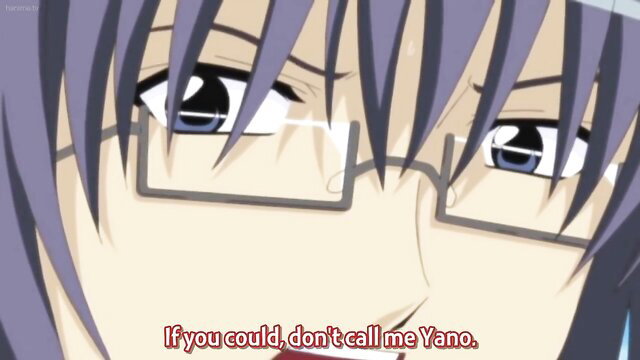 Purple-haired anime girl with glasses glares sternly, hentai style