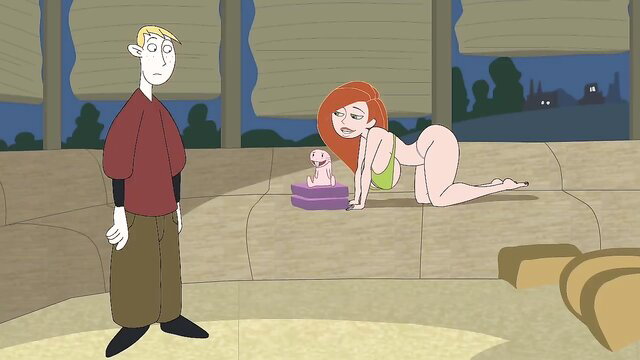 Kim Possible in green bikini on couch with pale guy watching, adult parody