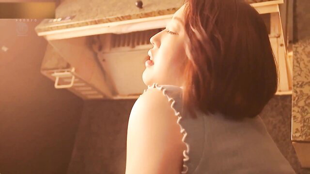 Hot redhead wife with pale skin in frilly top, seductive kitchen tease