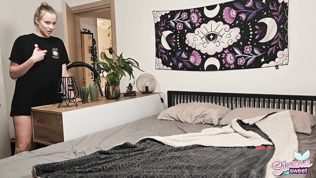 SirenaSweet in tight black mini dress, teasing in bedroom