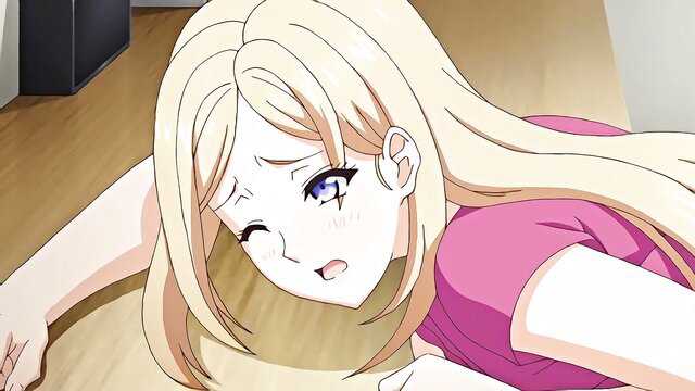 Blonde anime stepsis with teary eyes, flushed face in pink top on floor