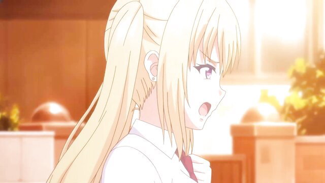 Blonde anime stepdaughter in school uniform looks shocked, Papa Katsu hentai