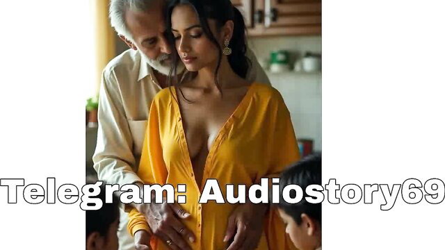 Elderly Indian man embraces busty long-haired beauty in yellow dress