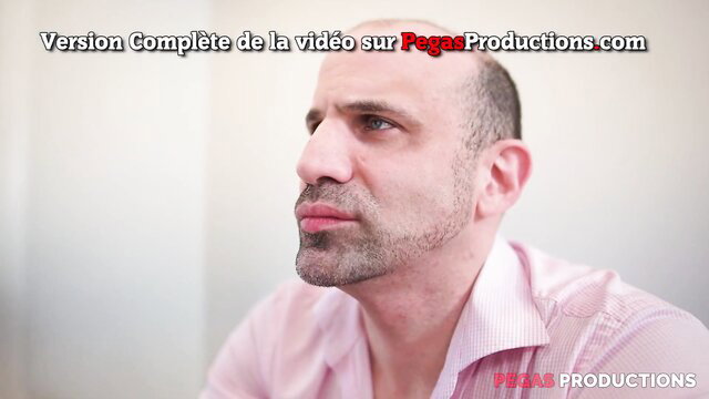 Bald middle-aged man in pink shirt smirks in French housewife threesome preview