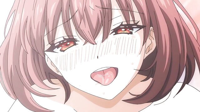 Busty hentai girlfriend ahegao face with tongue out swallowing cum