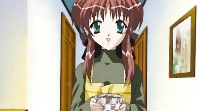 Redhead anime wife in apron holds cup, cheating hentai thumbnail