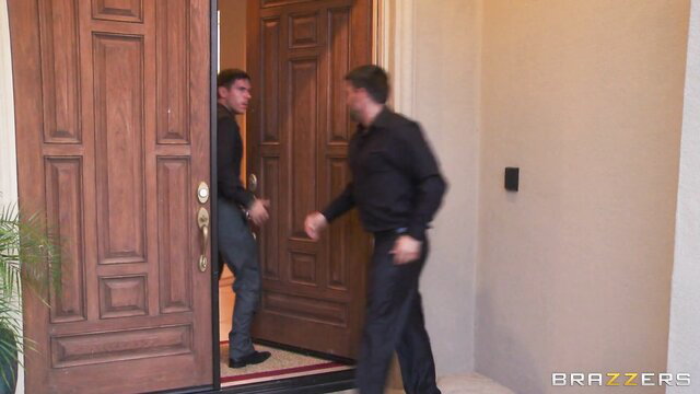 Mick Blue greets suited man at door in Big Butts Like It Big with Alexis Ford